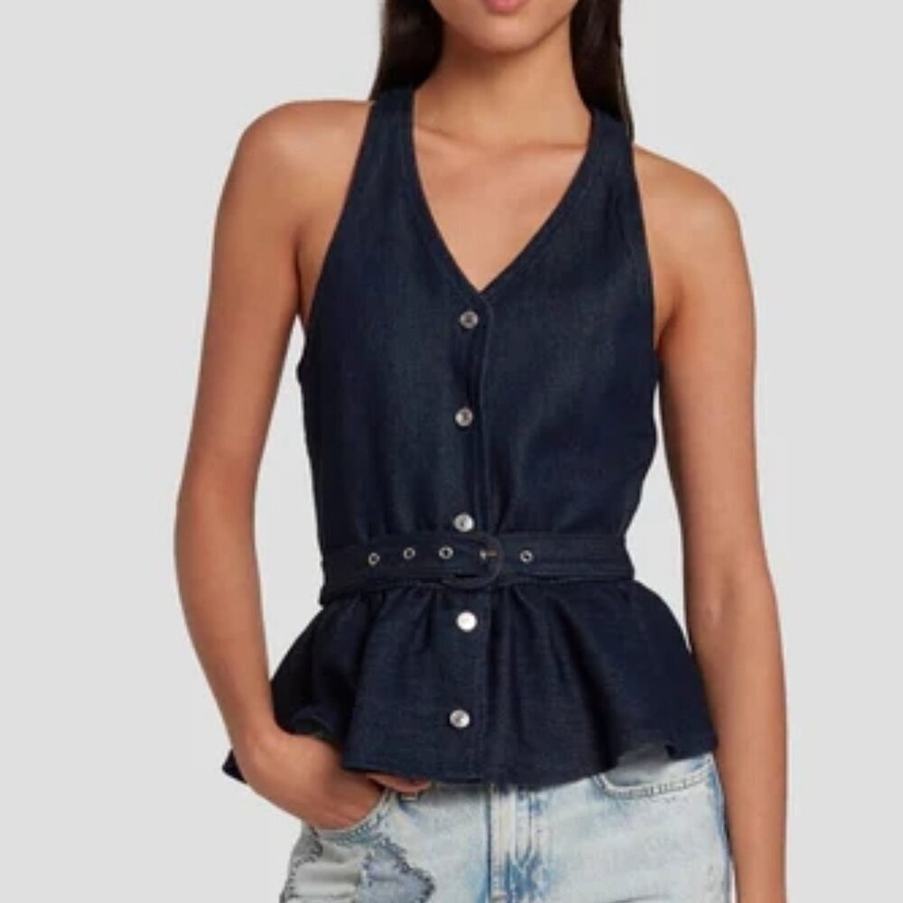 7 For All Mankind Denim Lustre Tailored Belted Vest in Dark Rinse S NWT